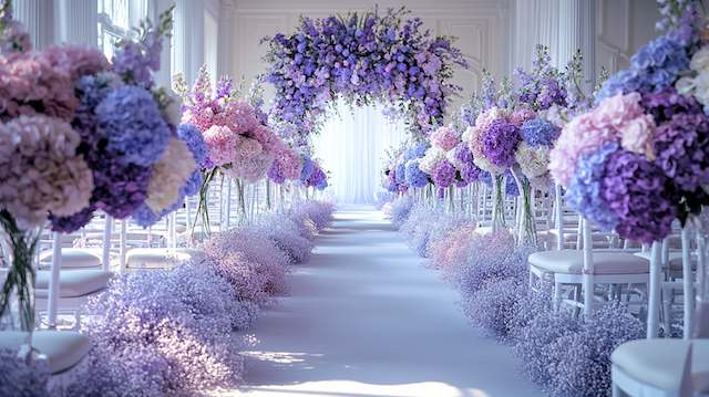 a aisle with flowers and chairs Monochromatic Flowers