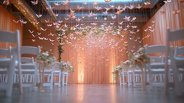 a room with chairs and flowers Paper Lanterns