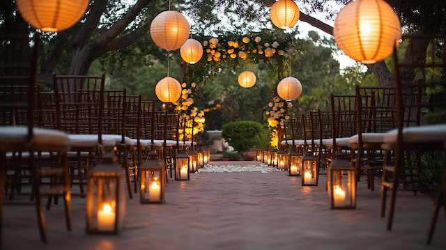 a walkway with lanterns and chairs Paper Lanterns