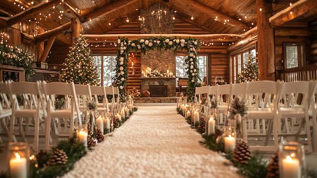 a wedding ceremony with white chairs and candles Pinecones and Evergreen