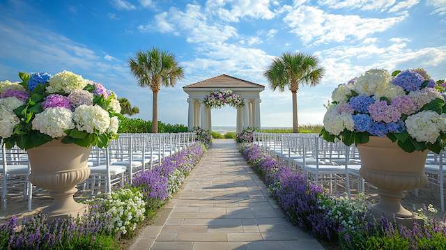 a wedding ceremony with rows of chairs and flowers Potted Plants