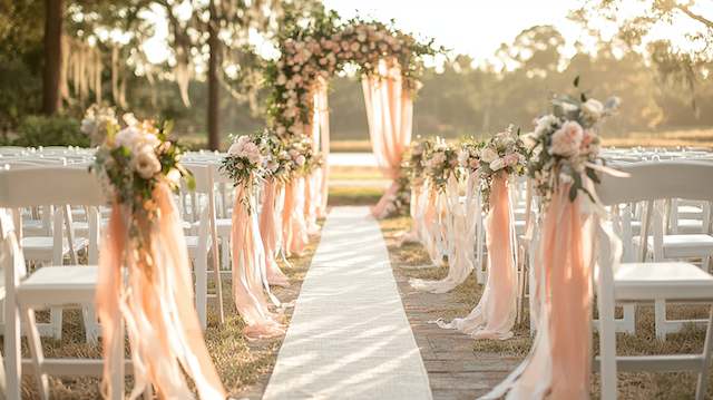 a aisle with chairs and flowers Ribbon Streamers