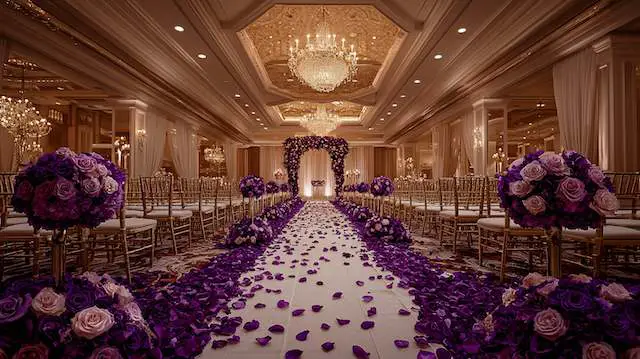 a wedding aisle with purple petals Rose Petal Carpet