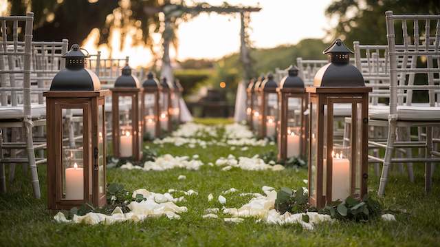 a row of lanterns with candles on the side of the aisle Rustic Lantern Elegance