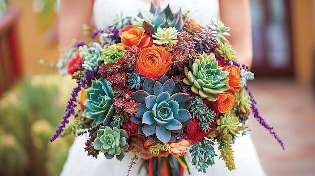 a bouquet of succulents in a bride's hands