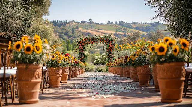 a path with pots of flowers and a arch Sunflower Arrangements