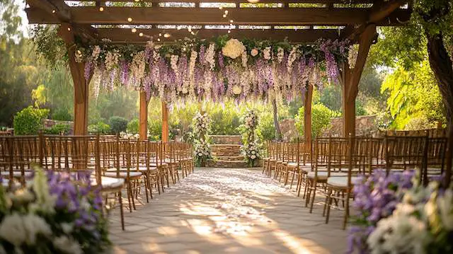 a wedding ceremony with chairs and flowers Suspended Blooms