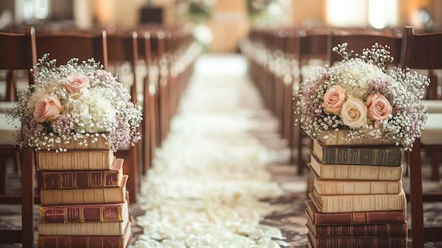 a wedding aisle with books and flowers