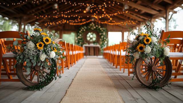 a aisle with chairs and flowers Wagon Wheels