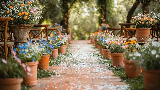 a walkway with pots of flowers Wildflower Aisle