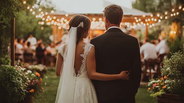 backyard night wedding bride and groom and crowd