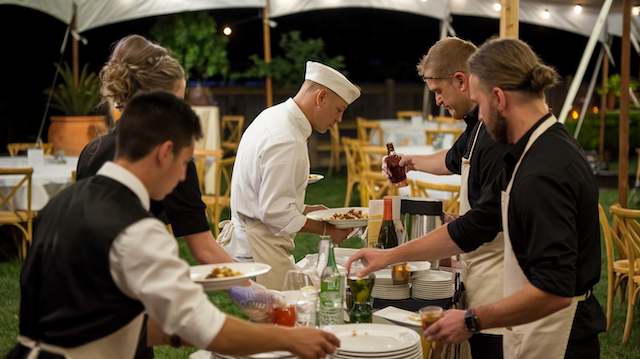 backyard night wedding catering staff