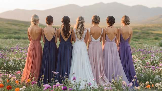 bridesmaids in gradient gowns