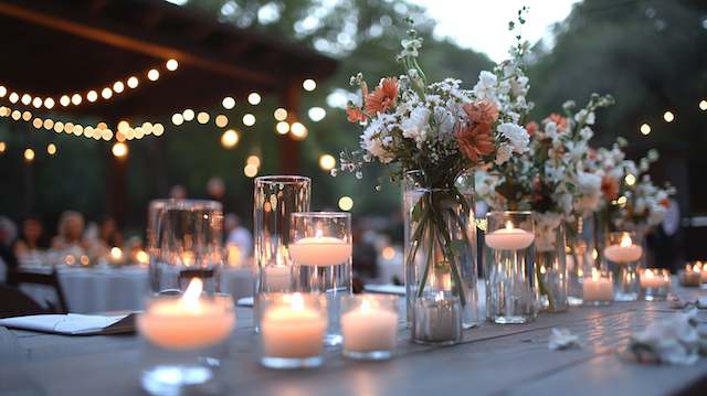 candles on dinner tables at backyard night wedding