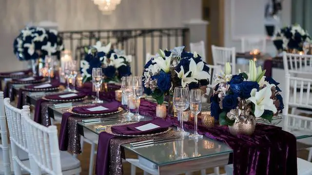 dinner tablescape sequined or satin fabrics