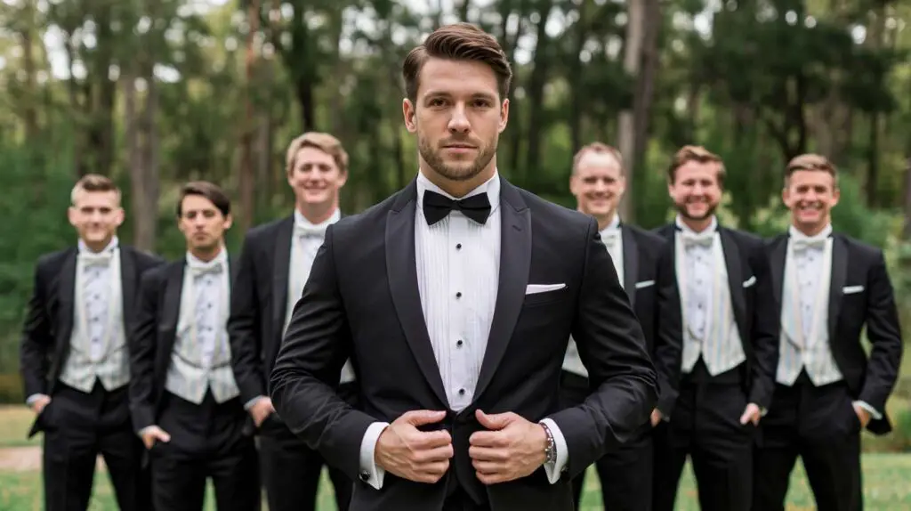 groom and groomsmen in tuxedos