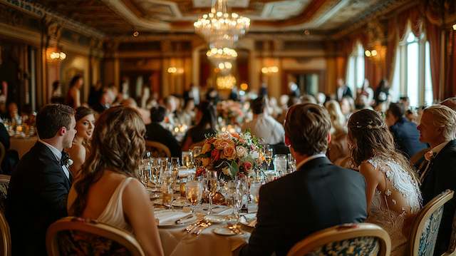 guests seated for dinner at a wedding reception