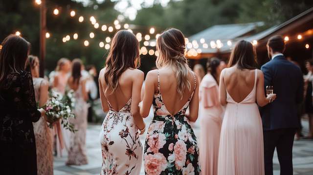 guests attire at backyard night wedding