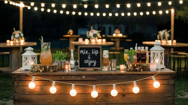 self serve bar at backyard night wedding