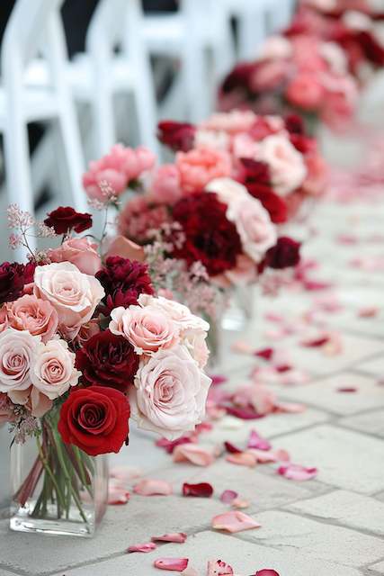 Aisle Lined with Red and Pink Blooms