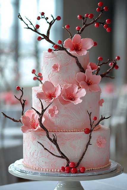 Cherry-Embellished Wedding Cake