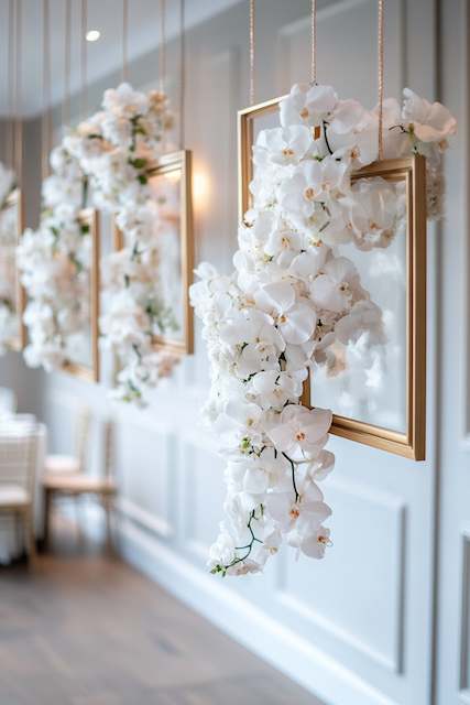 Hanging Gold Frames With White Florals