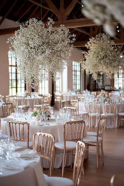 Suspended Baby’s Breath Clouds over ballroom