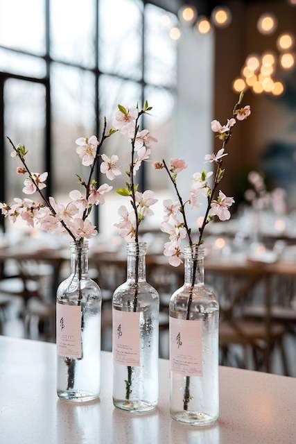 Vintage Bottles with Cherry Floral Arrangements