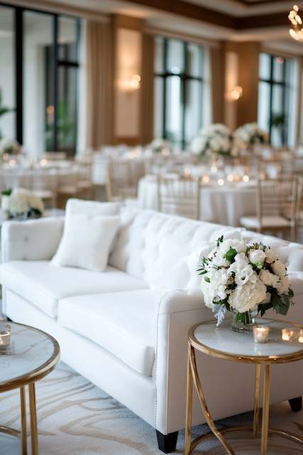 White Lounge Seating With Gold Accent Tables