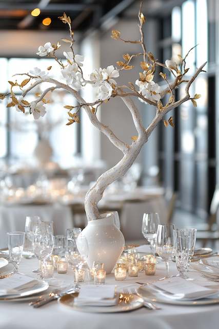 White Tree Centerpieces With Gold Leaf Tips