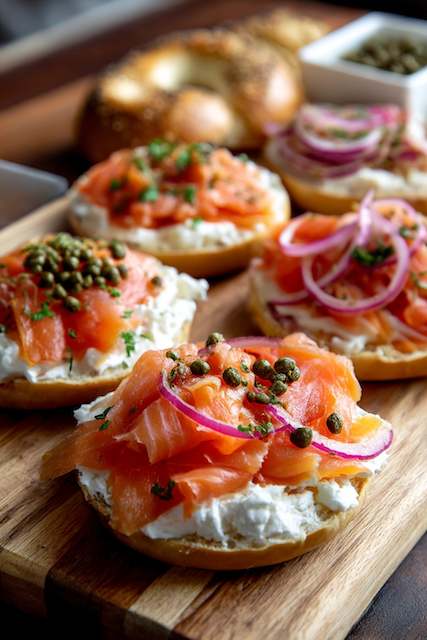Fresh bagels with cream cheese, smoked salmon Fresh bagels with cream cheese, smoked salmon