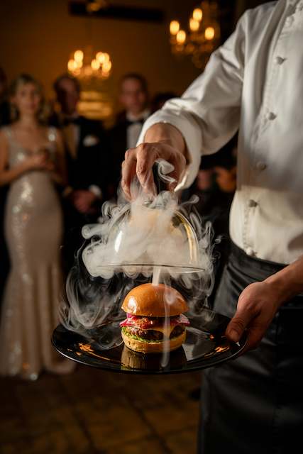 Interactive smoke-infused food under cloches that release aromas when lifted
