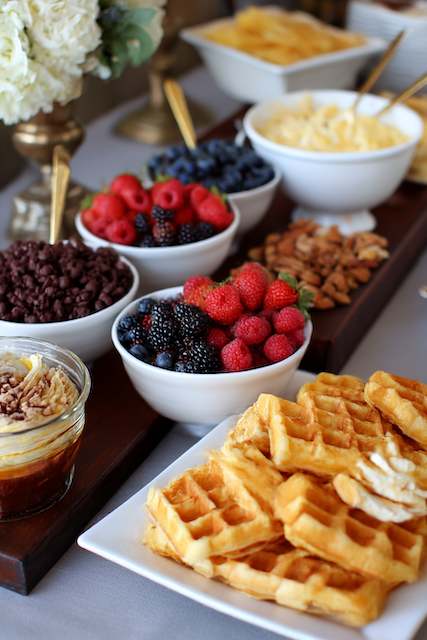 Waffle Bar at brunch wedding reception Waffle Bar at brunch wedding reception