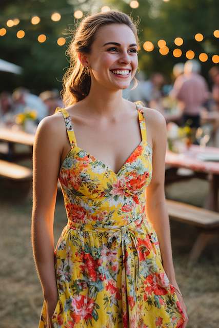 Bridesmaid at a rehearsal dinne wearing cotton sundress in a fun print Bridesmaid at a rehearsal dinne wearing cotton sundress in a fun print