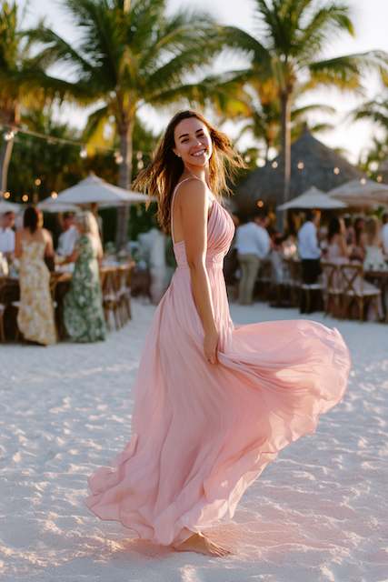 bridesmaid at beach rehearsal dinner, wearing a flowing blush pink dress bridesmaid at beach rehearsal dinner, wearing a flowing blush pink dress