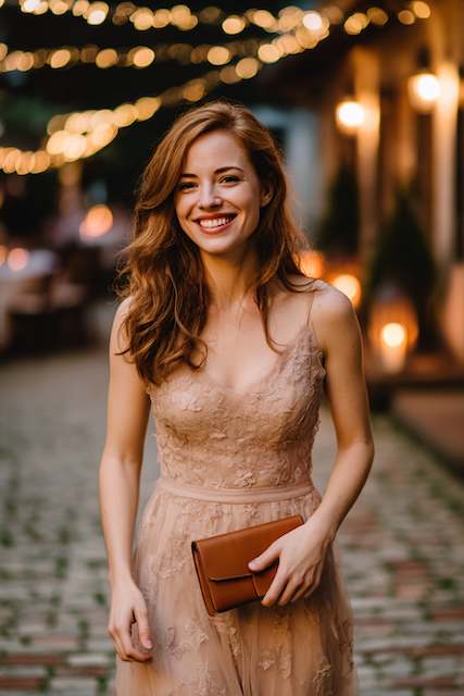 bridesmaid at rehearsal dinner carrying brown leather clutch bridesmaid at rehearsal dinner carrying brown leather clutch