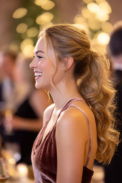 bridesmaid with Low ponytail with curled ends and hair wrap bridesmaid with Low ponytail with curled ends and hair wrap