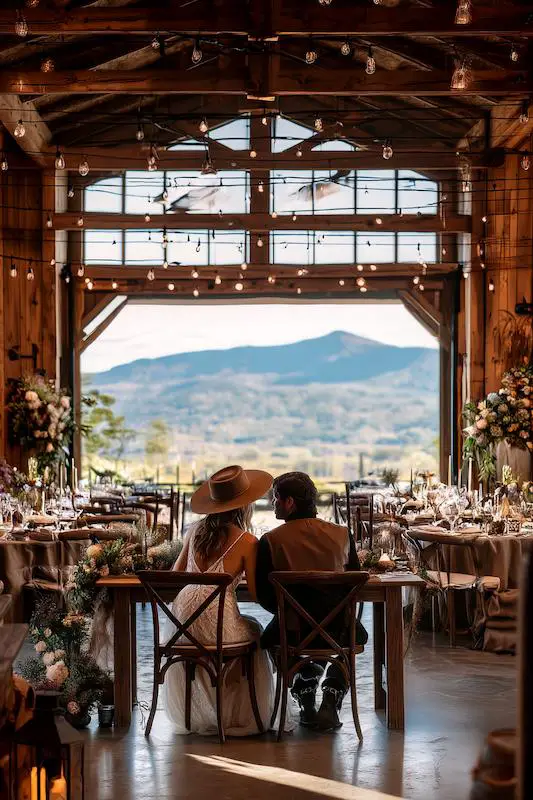 Authentic Western Locations Bride and groom sit at a sweetheart table inside a rustic barn venue, overlooking scenic mountains through open barn doors.
