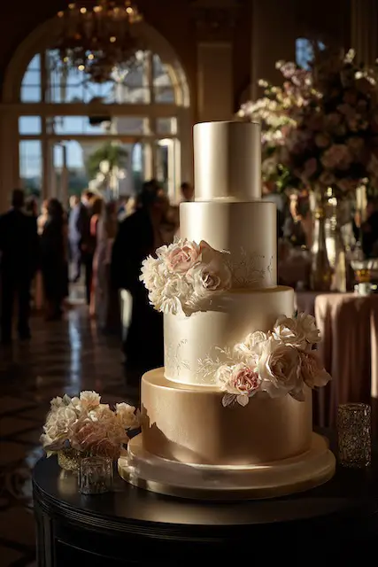 Champagne + ivory shimmer wedding cake