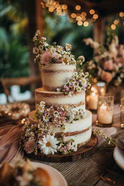 Naked layers + blooms wedding cake