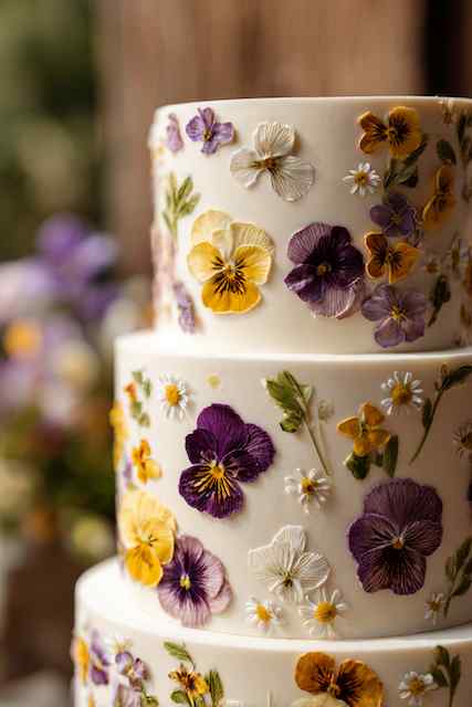 Pressed edible flowers wedding cake