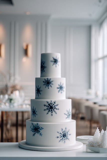 Snowflake-stenciled fondant wedding cake