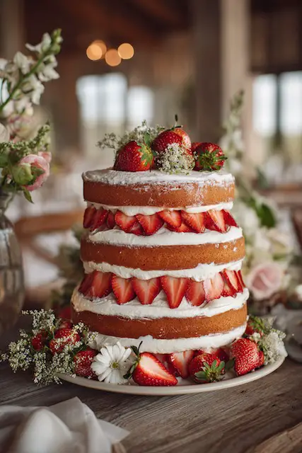 Strawberry shortcake-style tiers wedding cake