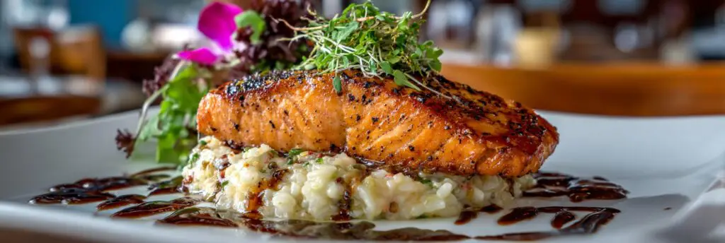 Seared salmon fillet plated over creamy risotto, topped with microgreens and edible flowers, with balsamic drizzle.