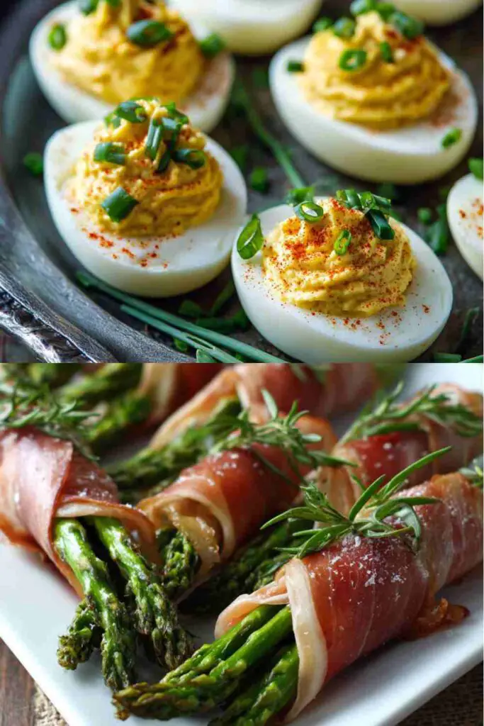 deviled eggs and Asparagus prosciutto wraps