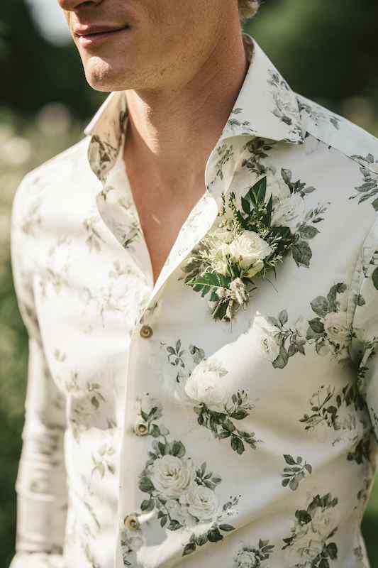 groom ditching the tie floral button-down shirt groom ditching the tie floral button-down shirt