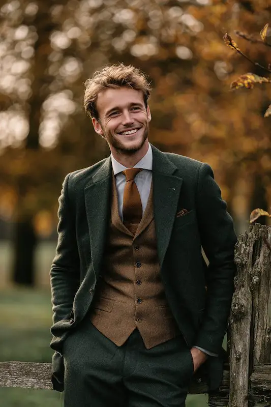 groom in Dark green or brown suits, tweed vest groom in Dark green or brown suits, tweed vest