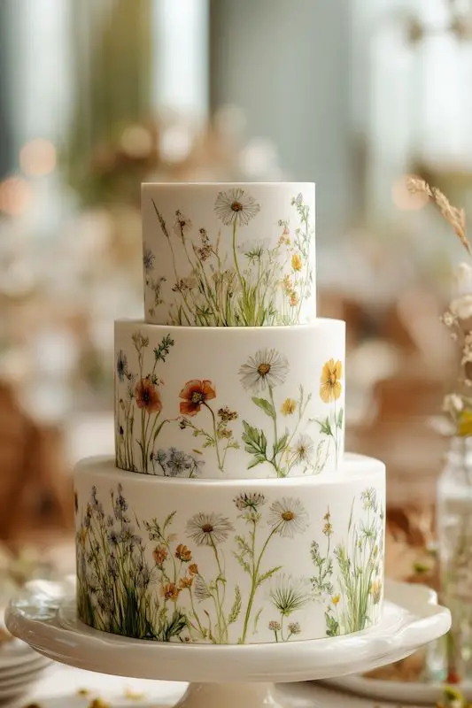 hand painted wildflowers on wedding cake