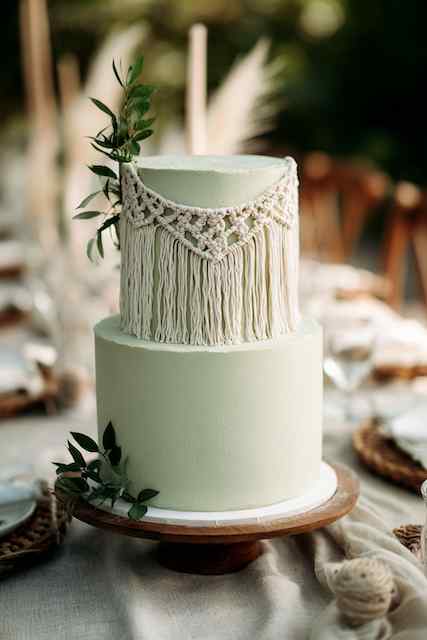 light green wedding cake withi Macrame topper