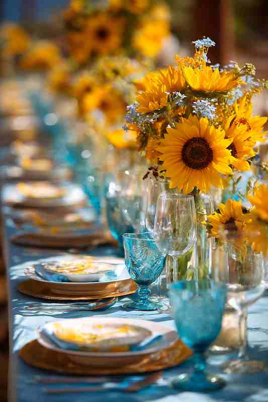 sunflower and sky blue wedding table setting sunflower and sky blue wedding table setting
